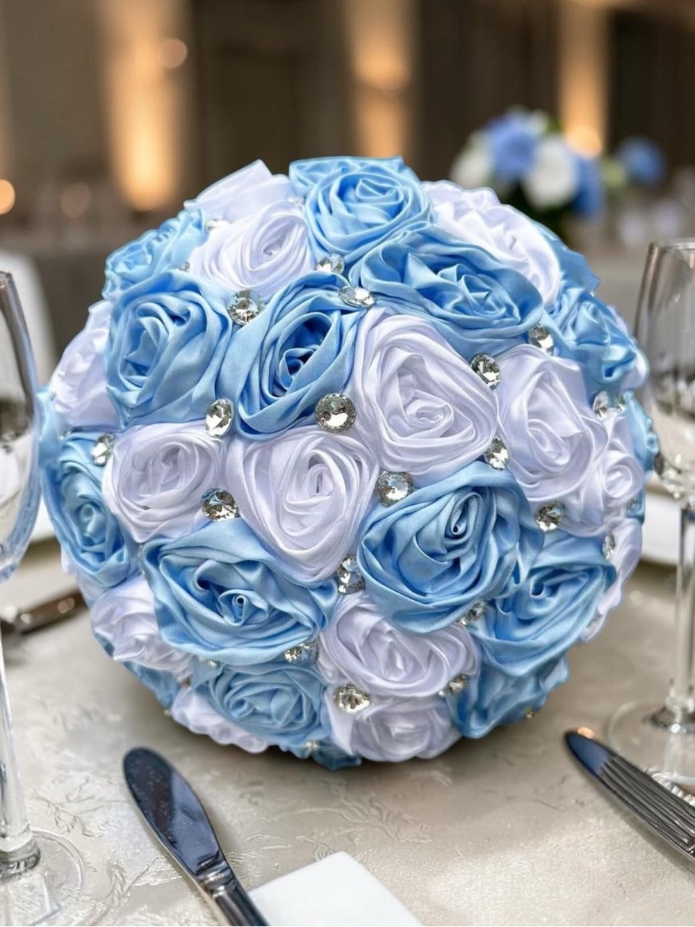 7.5" Light Blue & White Bridal Wedding Bouquet Round Holding with Rhinestones
